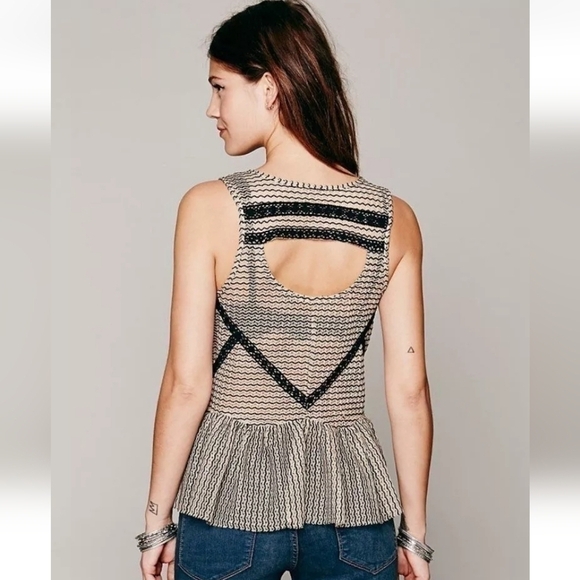 FREE PEOPLE SHEER BLACK & TAN LACE TRIM PEPLUM TANK TOP, SZ XS - Picture 7 of 12